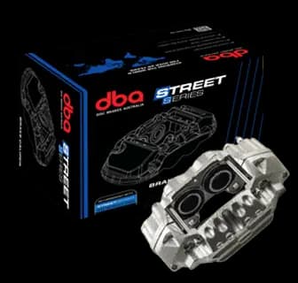 DBA Street Series brake caliper product box with aluminum caliper component showing professional packaging and branding