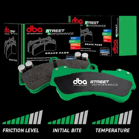 DBA Street Performance brake pads with green backing plates and friction material displayed alongside retail packaging box