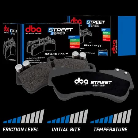 DBA Street Series brake pads with black backing plates and friction material shown next to retail packaging boxes for OE replacement applications
