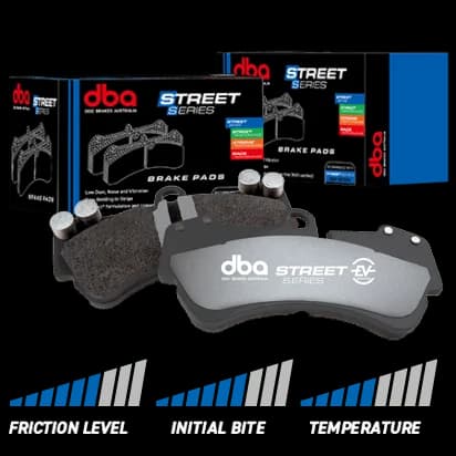 DBA Street Series EV brake pads with grey backing plates and specialized friction material shown next to packaging for electric and hybrid vehicles