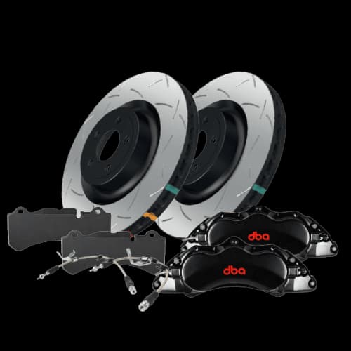 DBA complete brake system kit including slotted brake rotors, brake pads, and brake calipers with DBA branding