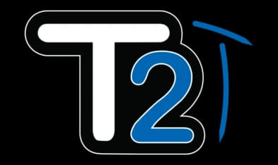 DBA T2 technology logo featuring stylized T2 in black and blue representing the slotted rotor design system