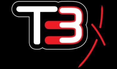 DBA T3 technology logo featuring stylized T3 in black and red representing the advanced tri-directional slotted rotor design system