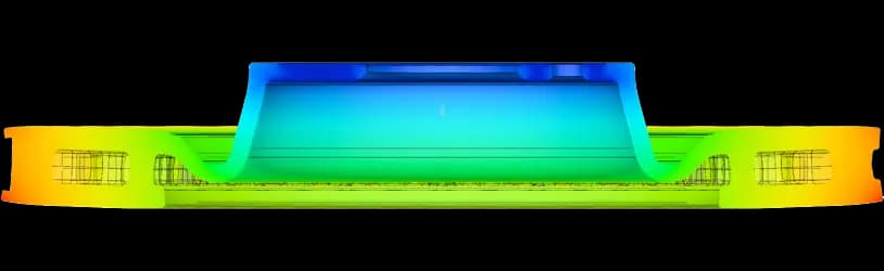 Thermal simulation of DBA brake rotor showing heat distribution gradient from blue to yellow across the disc during Thermal Stability Profiling process