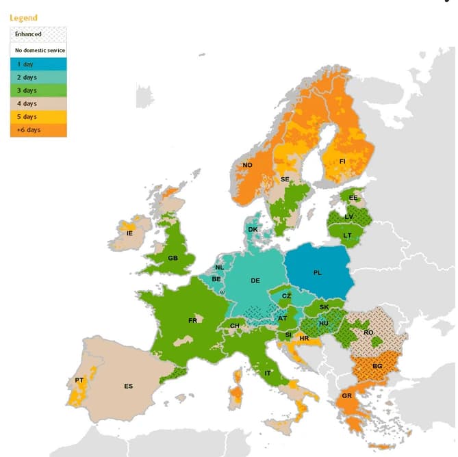 UPS European service map with detailed legend showing 1-6+ day delivery zones, enhanced service areas, and no domestic service regions across European countries with country codes